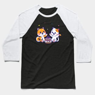 Cute Shiba Inu Dog And Cat With Birthday Cake Cartoon Baseball T-Shirt